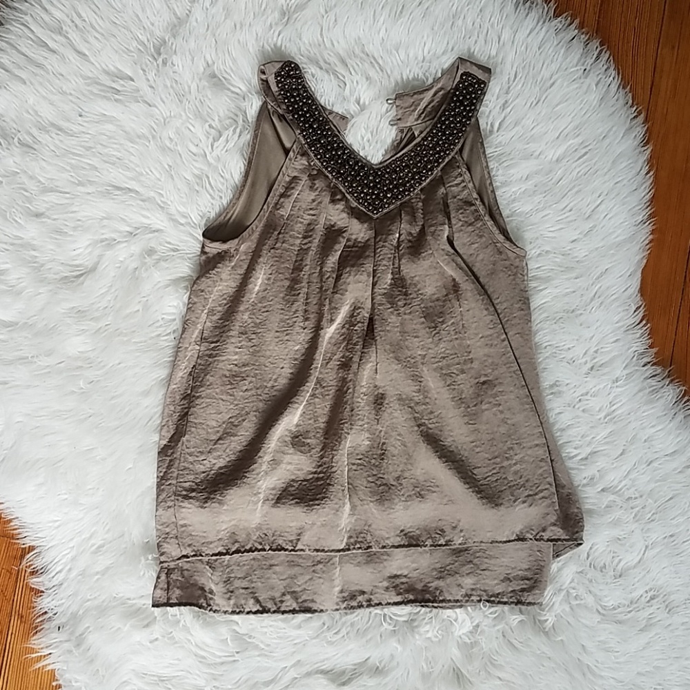 Silky jeweled collar top, soft lush taupe lined S